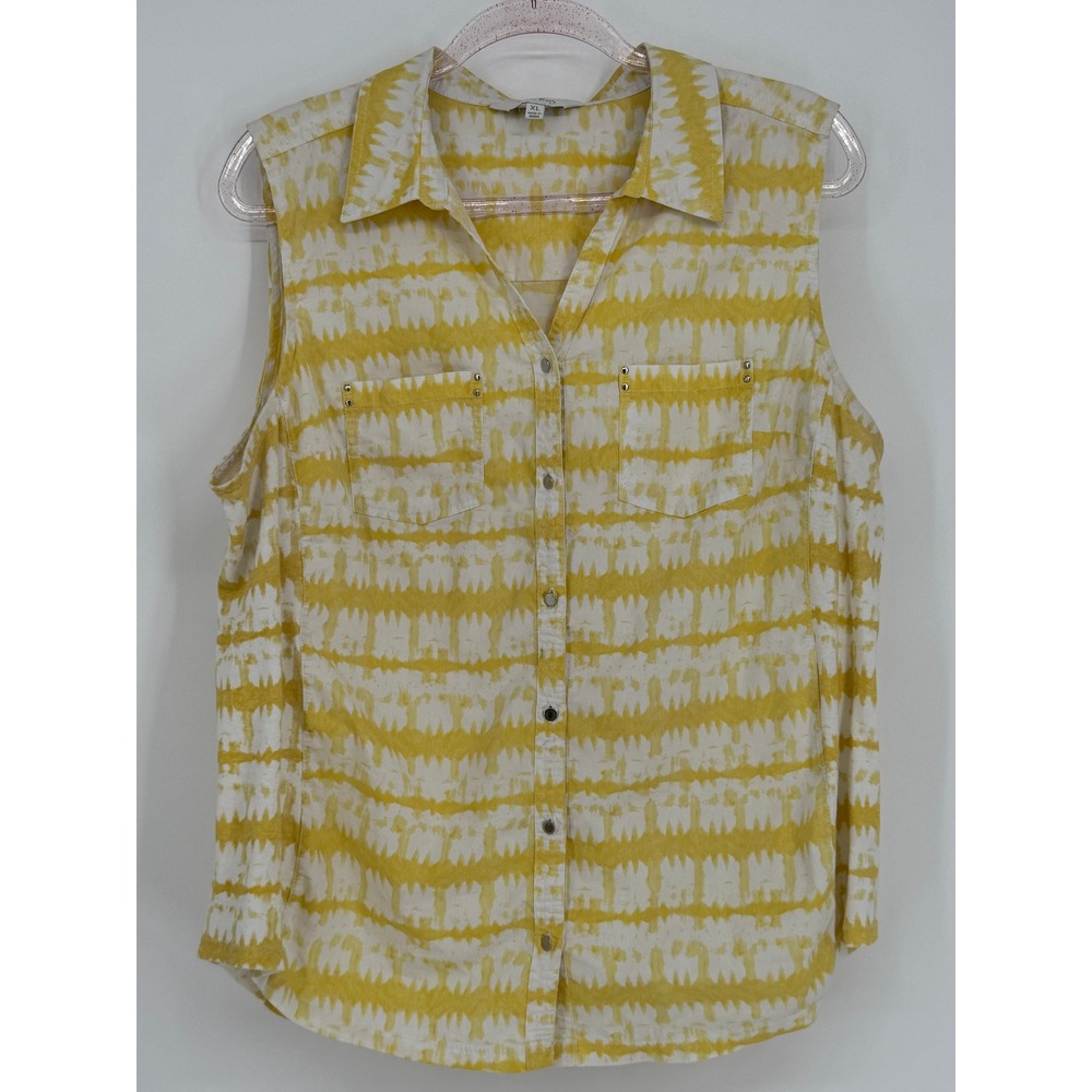 Coral Bay Yellow White Tie Dye Sleeveless Collared‎ Button Front Shirt Top XL